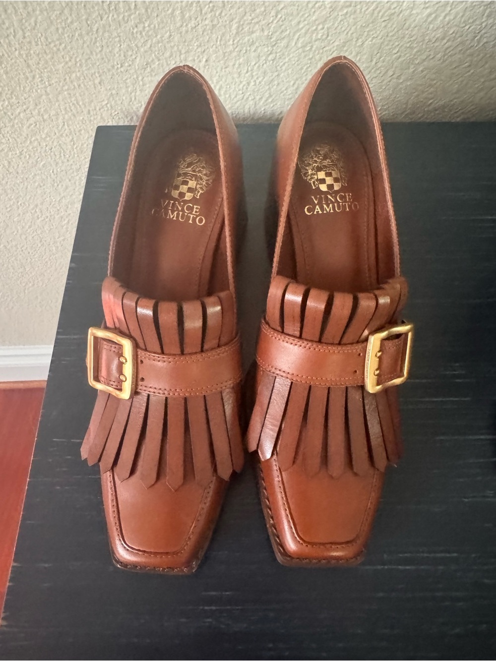 New never worn Vince Camuto brown Leather Fringe Loafers with Gold Buckle Accent